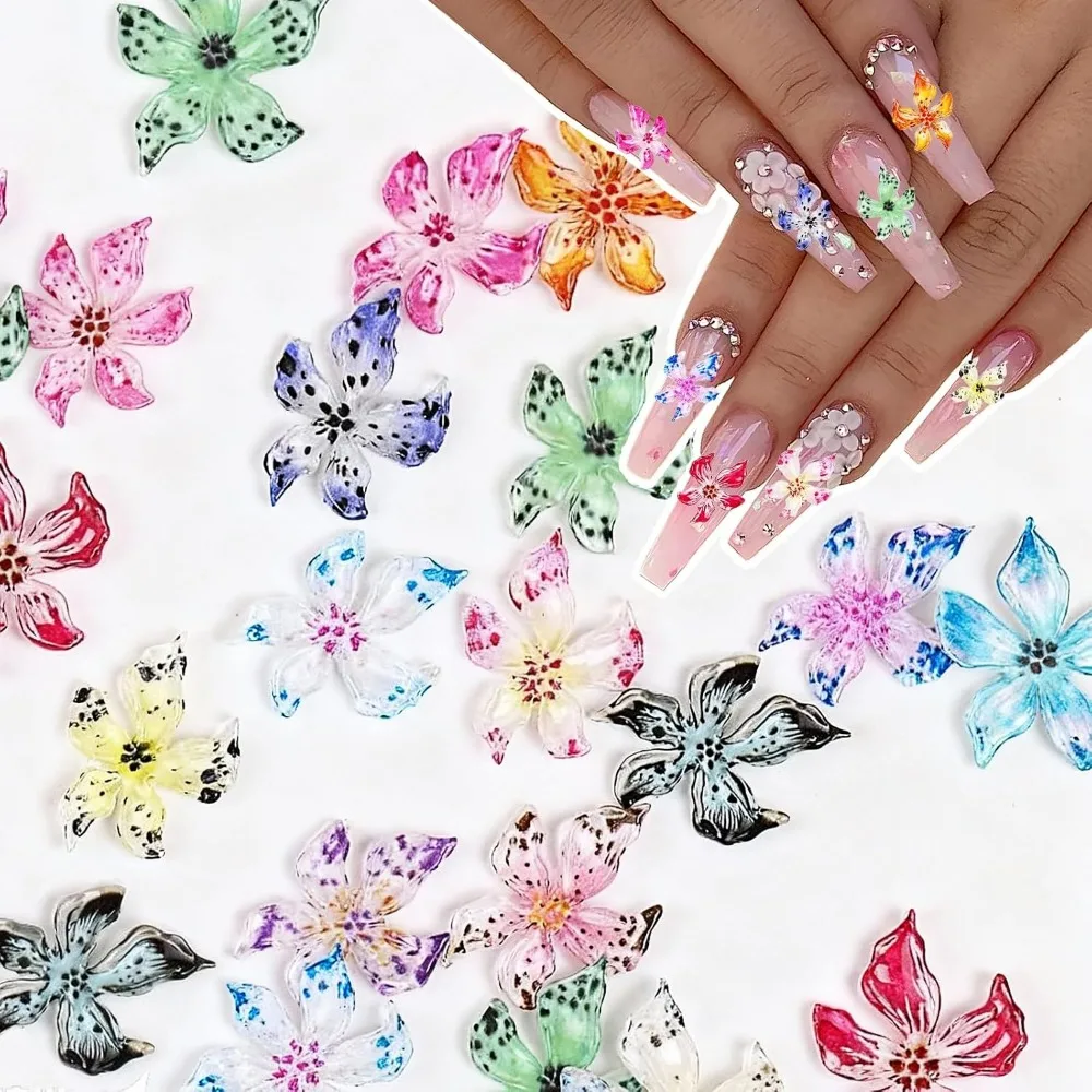 3D Flower Nail Charms, 120pcs, Colorful Styles, Resin Hibiscus Floral, Nail Art Decorations for DIY Crafts