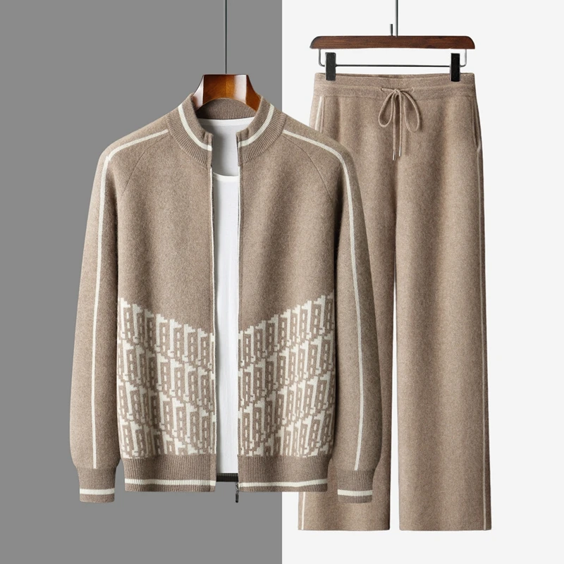 Men 100% Cashmere Knit Zipper Cardigan Pants Set Autumn Winter Cashmere Sweater Wide-Leg Trousers Place Place separate orders