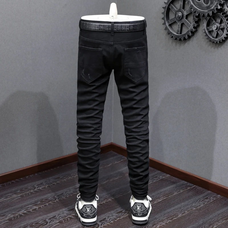Designer Men's Black Stretch Slim Fit Jeans Fashional High Street Retro Hip-Hop Y2K Style New Arrivals