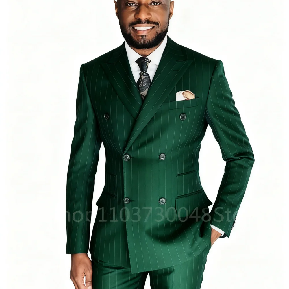 

Мужской приталенный костюм в синюю полоску, двубортный пиджак с пиковыми лацканами для курения, комплект из 2 предметов, свадебный смокинг жениха, ансамбль