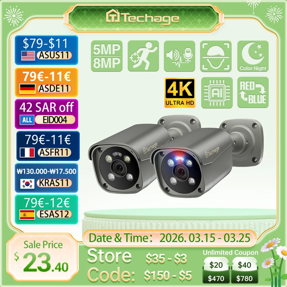 

Techage UHD 5MP 4K 8MP камера безопасности POE Smart AI Человек обнаруживает наружное двустороннее аудио IP камера CCTV