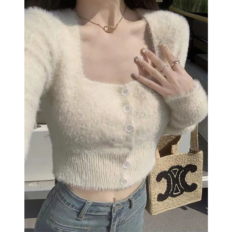Fuzzy Square Neck Cardigan Sweater Women Long Sleeve Button-Up Fitted Knit Crop Top Soft Plush Jacket Spring Fall Y2K