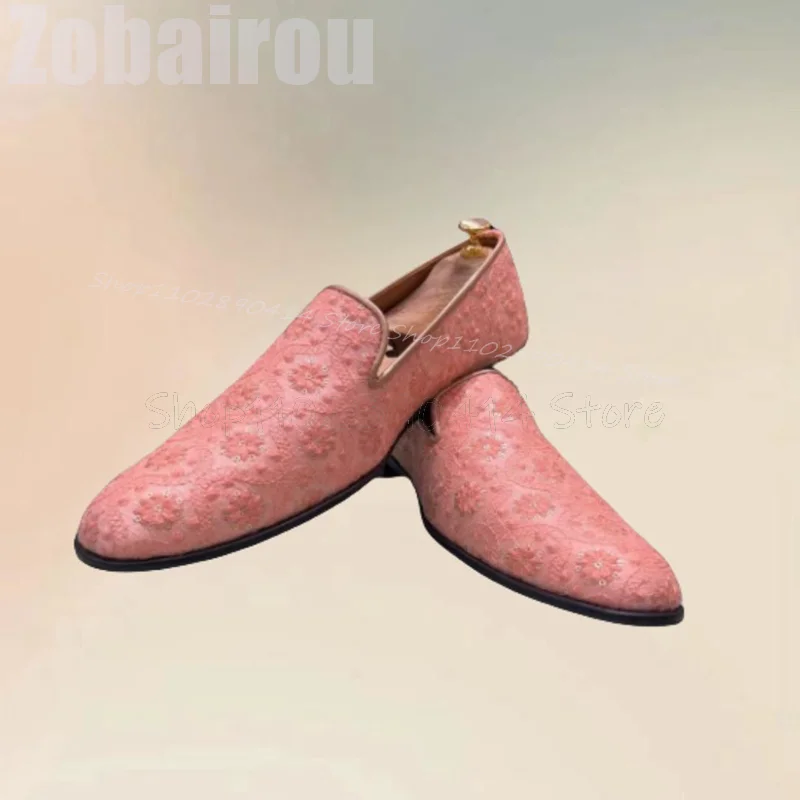 

Pink Floral Embroidery Sequins Decor Men Loafers Fashion Slip On Men Shoes Luxury Handmade Party Banquet Wedding Men Dress Shoes