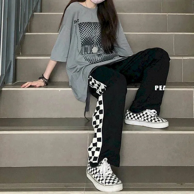 Black Pants Women\'s Pants Korean Fashion Sport LOOSE Trousers Checkerboard Side Clothes Streetwear Women Full Length Sweatpants