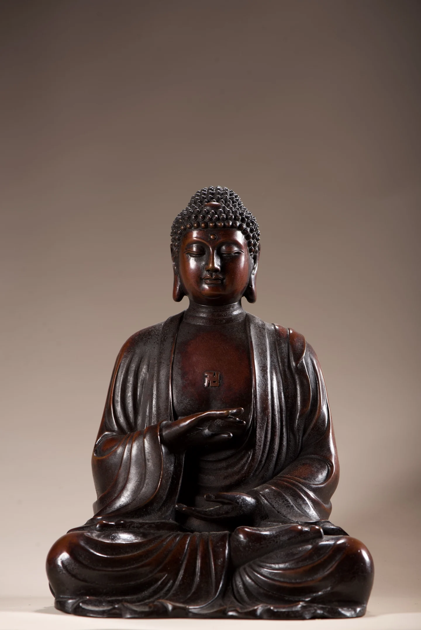 Old Bronze Gilded Cinnabar High relief Shakyamuni Standing Buddha Amitabha Buddha Wenfang  Worship Hall