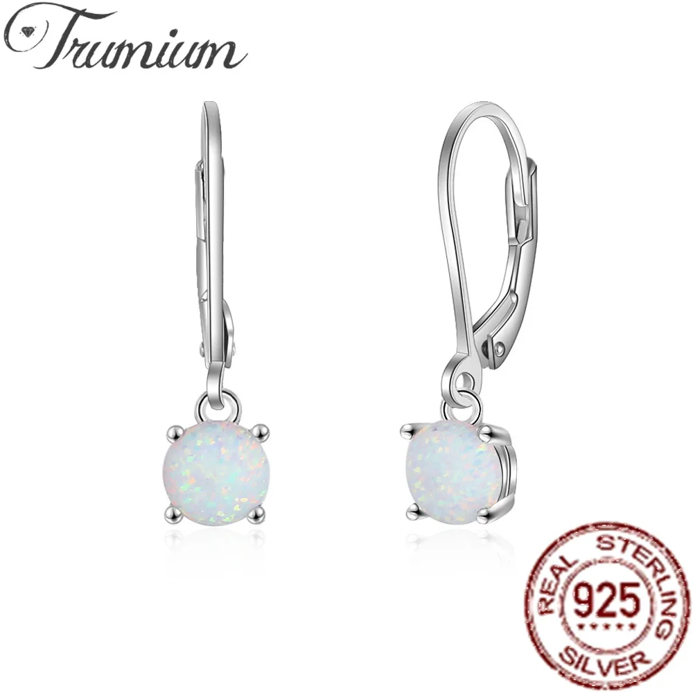 Trumium 925 Sterling Silver White Opal Dangle Earrings For Women Round Shape Match Daily Outfits High Quality Jewelry