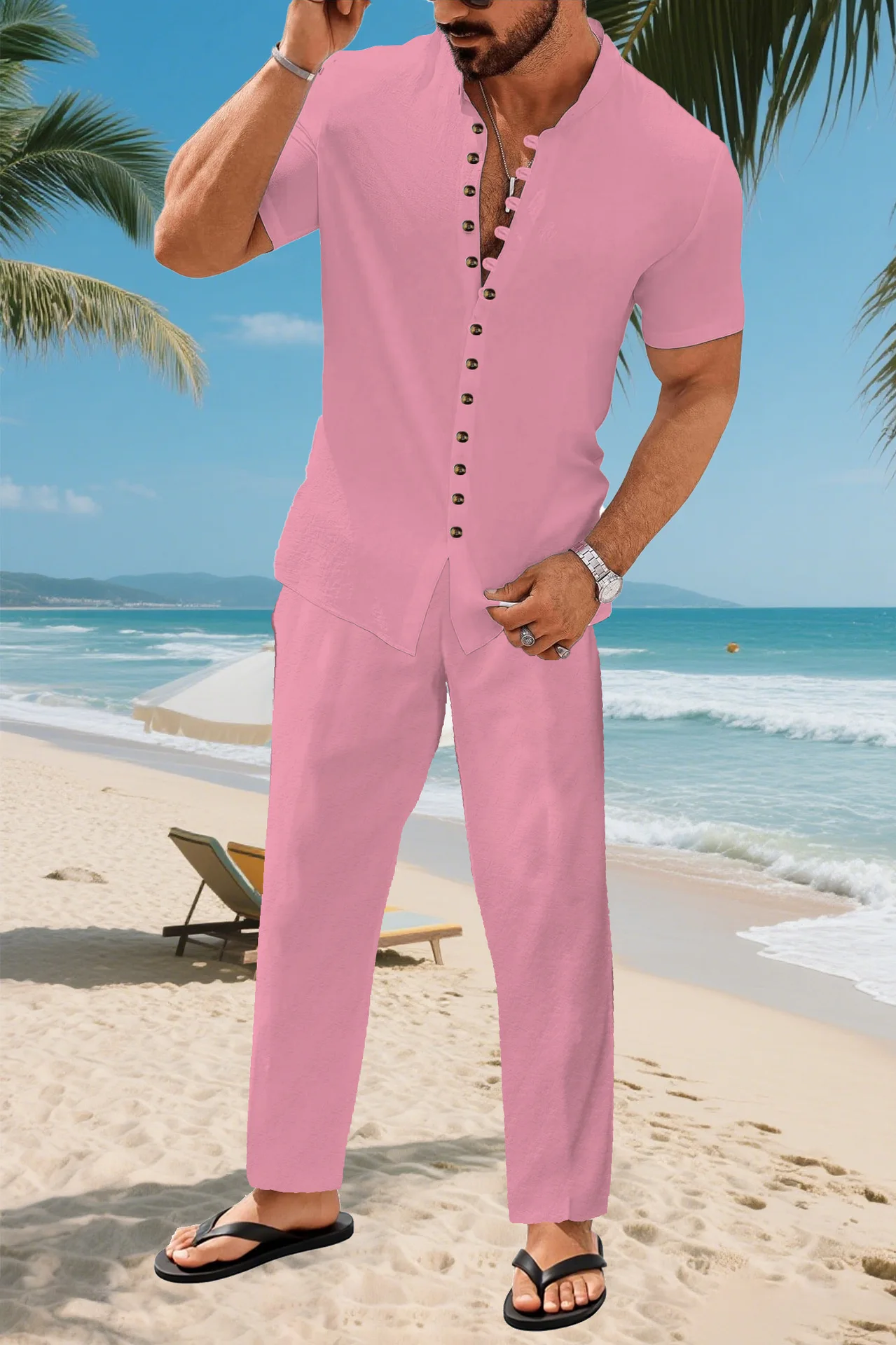 2025 New Design of Standing Collar with Button-Down Fasteners for Men's Casual Pure Color Suit - Essential for Your Vacation