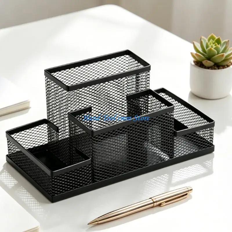 H37F Multifunctional Pen Organiser Multi-Sections Metal Pen Stand Large Capacity Space Saving Desktop Organiser for Offices