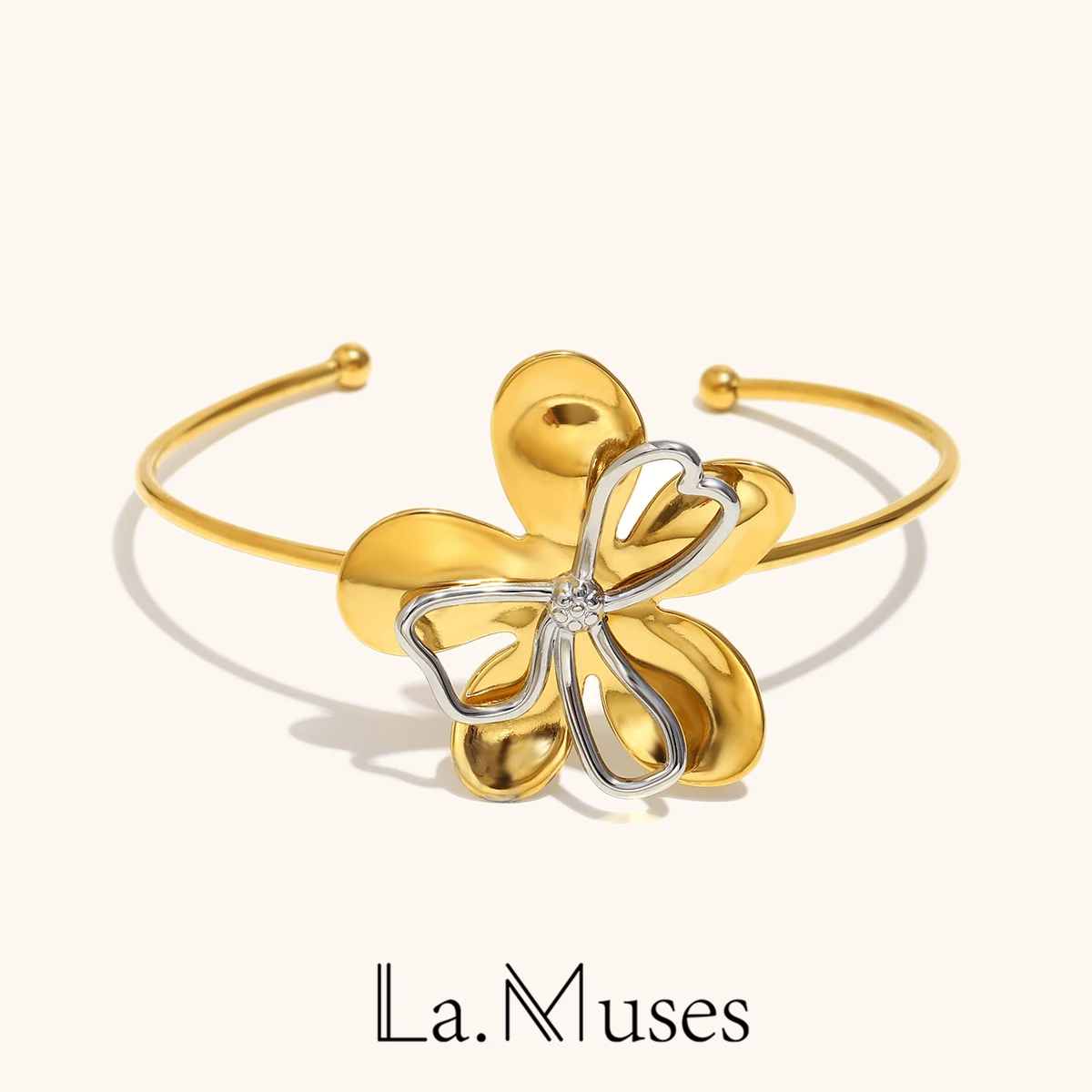 لا. Muses مختلط اللون خط زهرة الفولاذ المقاوم للصدأ المرأة سوار مفتوح بسيط وعصري PVD المغلفة مجوهرات مقاومة للماء Gif