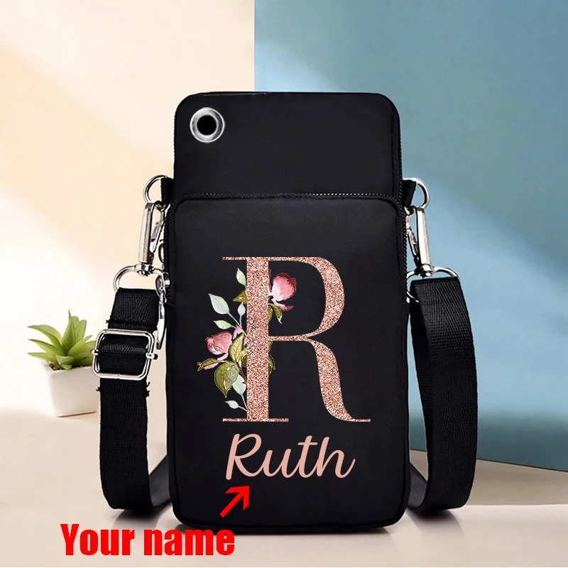 Custom Name Casual Phone Bag Wallet Case Sports Arm Shoulder Cover Phone Pouch Gold Letter Print Coin Purse Oblique Straddle Bag