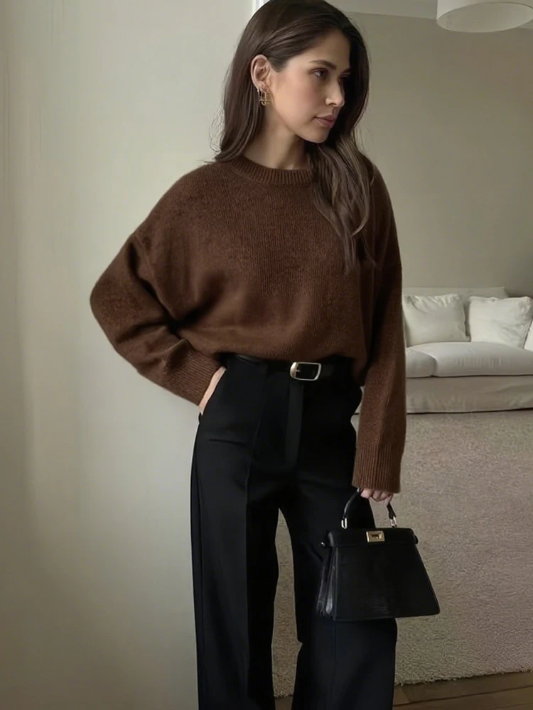 FSMG Fashion Solid knitted O-Neck Sweater For Women Loose Full Sleeves High Waist Pullovers Female Casual Thick Warm Soft Tops