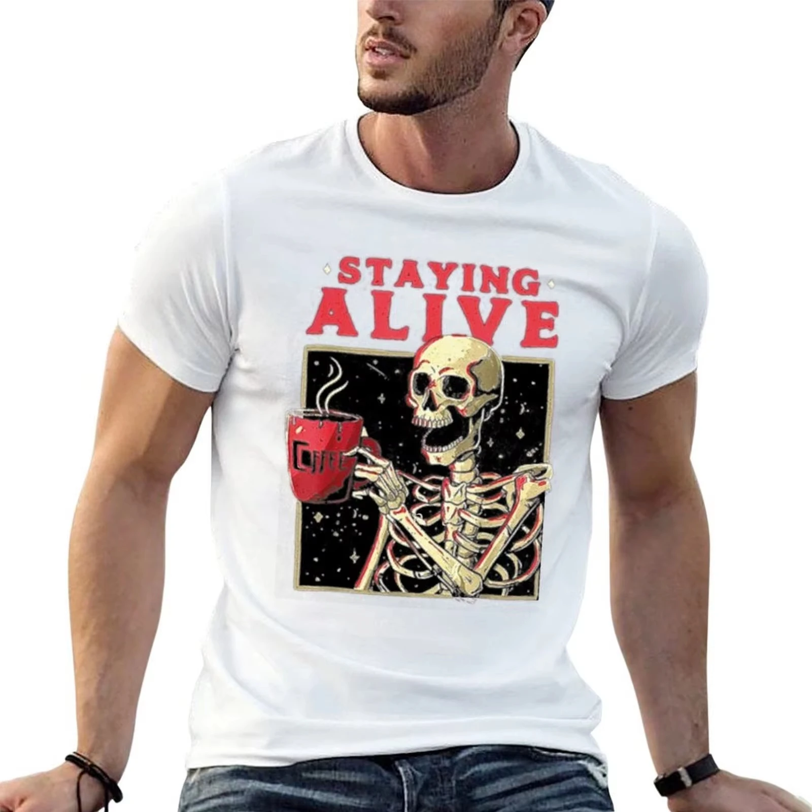 Staying Alive Skeleton Drink Coffee Funny Skeleton Skull T-Shirt Cotton Mens T Shirt Custom Tops Shirt Designer Birthday T Shirt