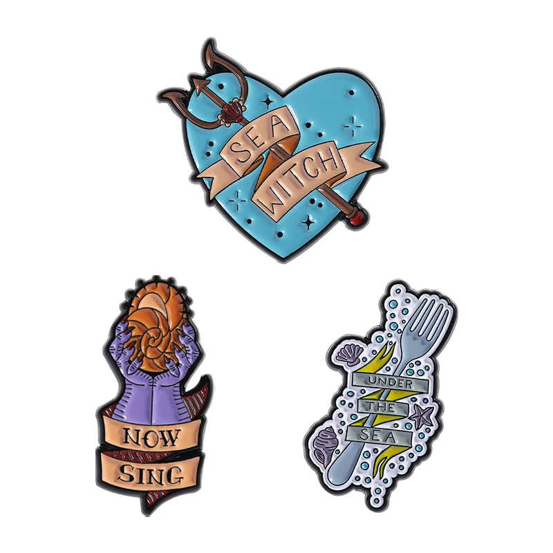 

Cartoon Fantasy Love Animation Enamel Pins Custom Sea Witch Wand Conch Singing Brooches Clothes Lapel Badge Funny Jewelry Gifts