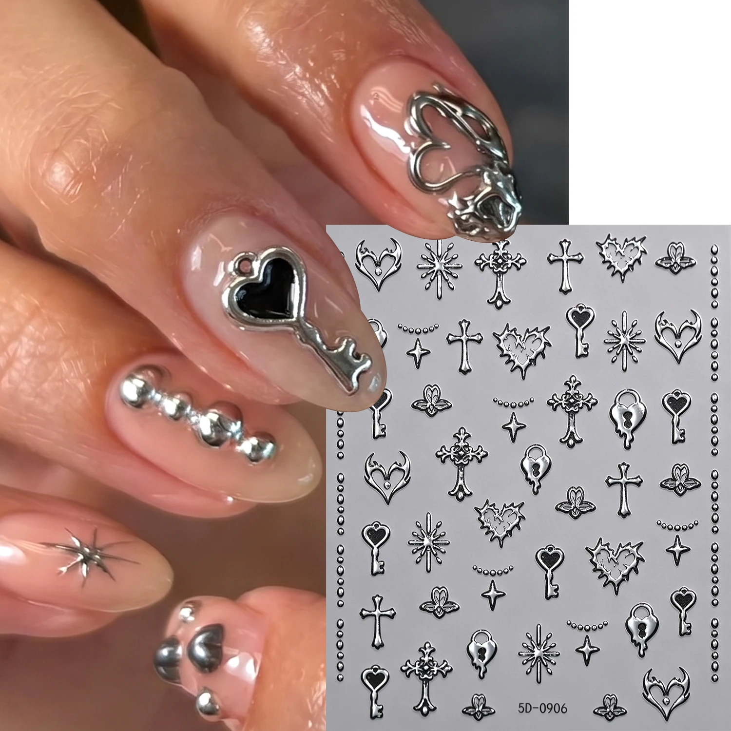 1 Blatt 5D Geprägter Silberner Gotischer Kreuz-Nagelaufkleber Y2K Mond-Sternenlicht Nagelsticker Selbstklebend Premium Salon Nagelslider ^E3 – Detail 1
