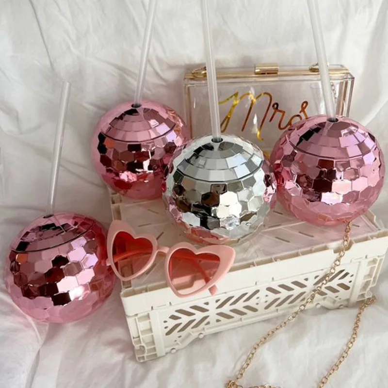 Rose Gold Silver Disco Ball Cups With Straw Pink Hat Wedding Decor Bachelorette Hen Party Drinking Cup bride to be Party Decor