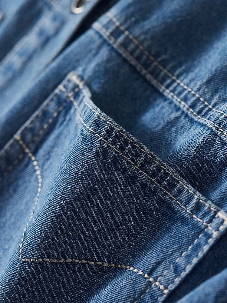 SENTUBILA Vintage Denim Shirts For Women Pockets Long Sleeve Polo Neck Button Down Shirt Blouses Streetwear Tops W31C47612