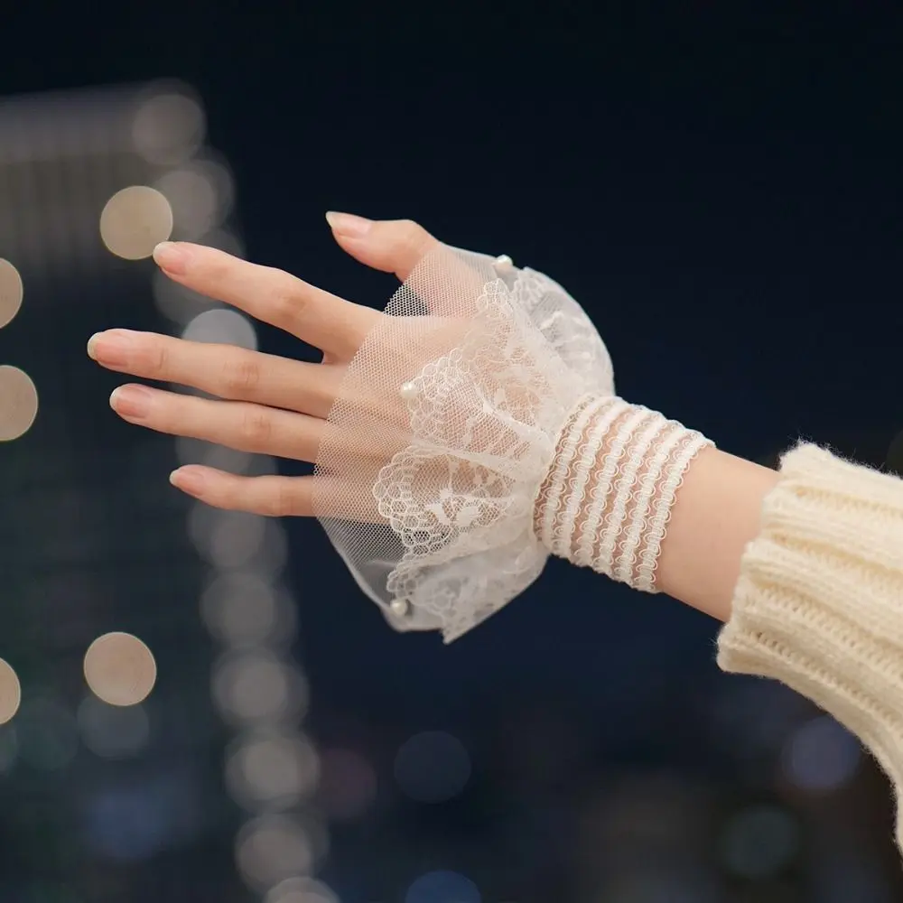 Nuovo Polsino Finto in Rete con Perle, Staccabile, Bianco e Nero, Polsino per Maglione, Accessorio per Fotografia