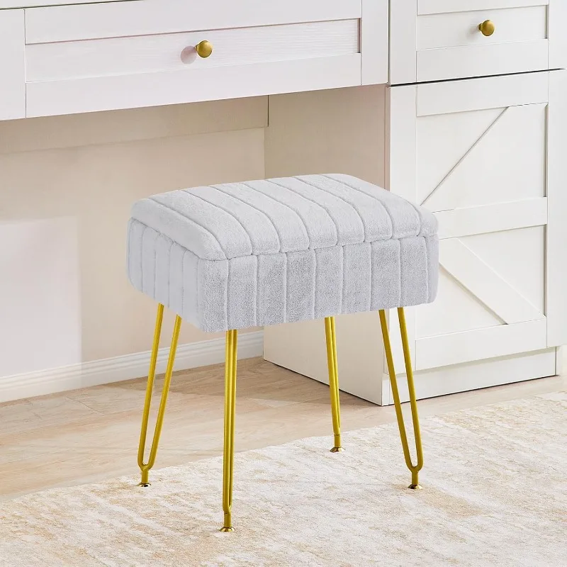Stool with Storage, Vanity Stool Chair, Faux Fur Vanity Chair with Gold Leg, Footrest Footstool Ottoman, Multifunctional Makeup