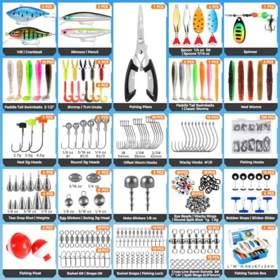 Scatola per attrezzatura da pesca con kit di esche da 373 pezzi, incluso vassoio rimovibile, set completo di attrezzatura da pesca con pinze, pesi, ganci e accesso