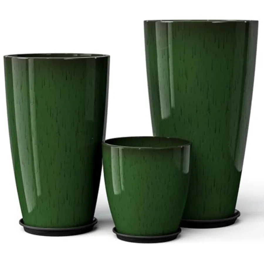 11 Inch Large Modern Planters with Drainage Holes Saucers Set of 3 Tall Indoor and Outdoor Plant Pots for Home Decor Neutral Be