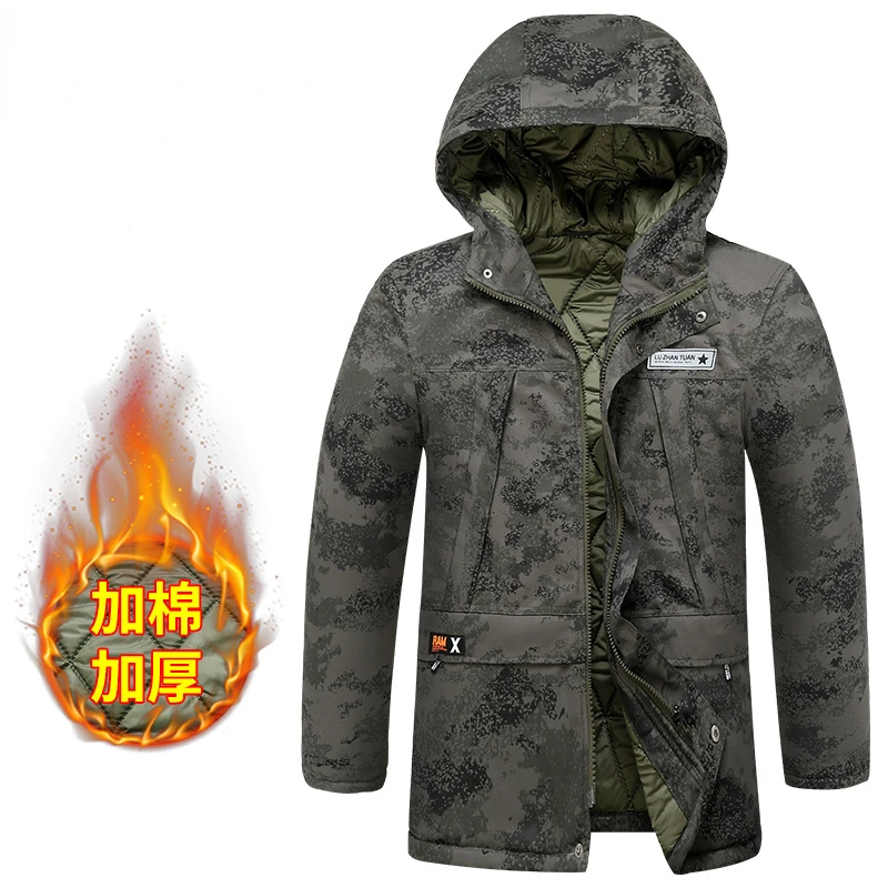 Thickened Hiking Jacket Men\'s Waterproof Wear-resistant Medium Length Work Clothes Warm Hooded Comfortable Loose Camouflage Top