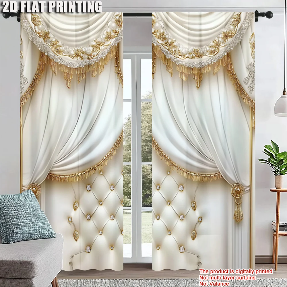

2Pcs Golden And White Window Curtain For Living Room Bedroom Dining Room Study Office Home Decoration Polyester Material Machine