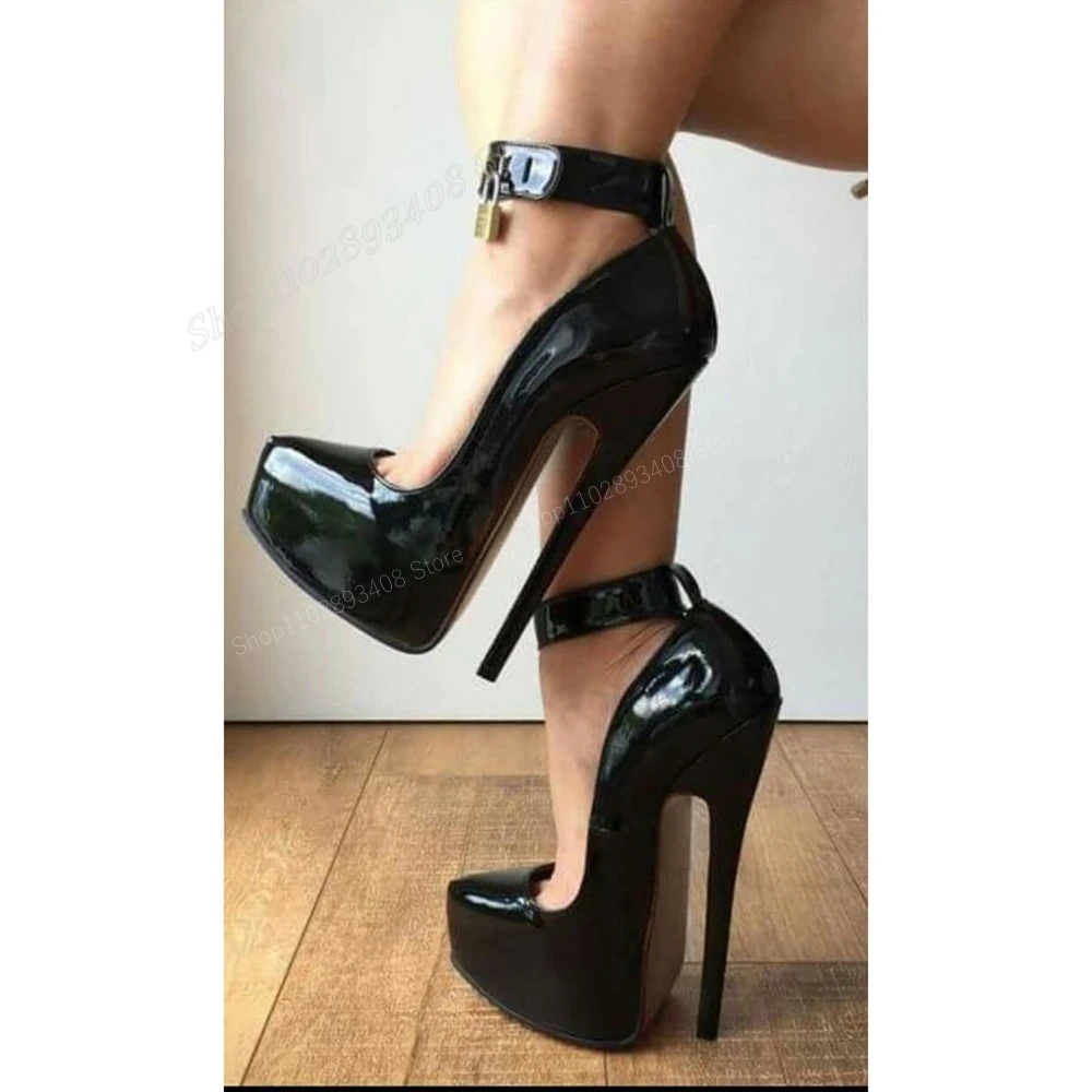 Black Patent Leather Lock Design Pumps Platform Pointed Toe Stiletto High Heel Fashion Sexy Women Shoes 2024 Zapatos Para Mujere