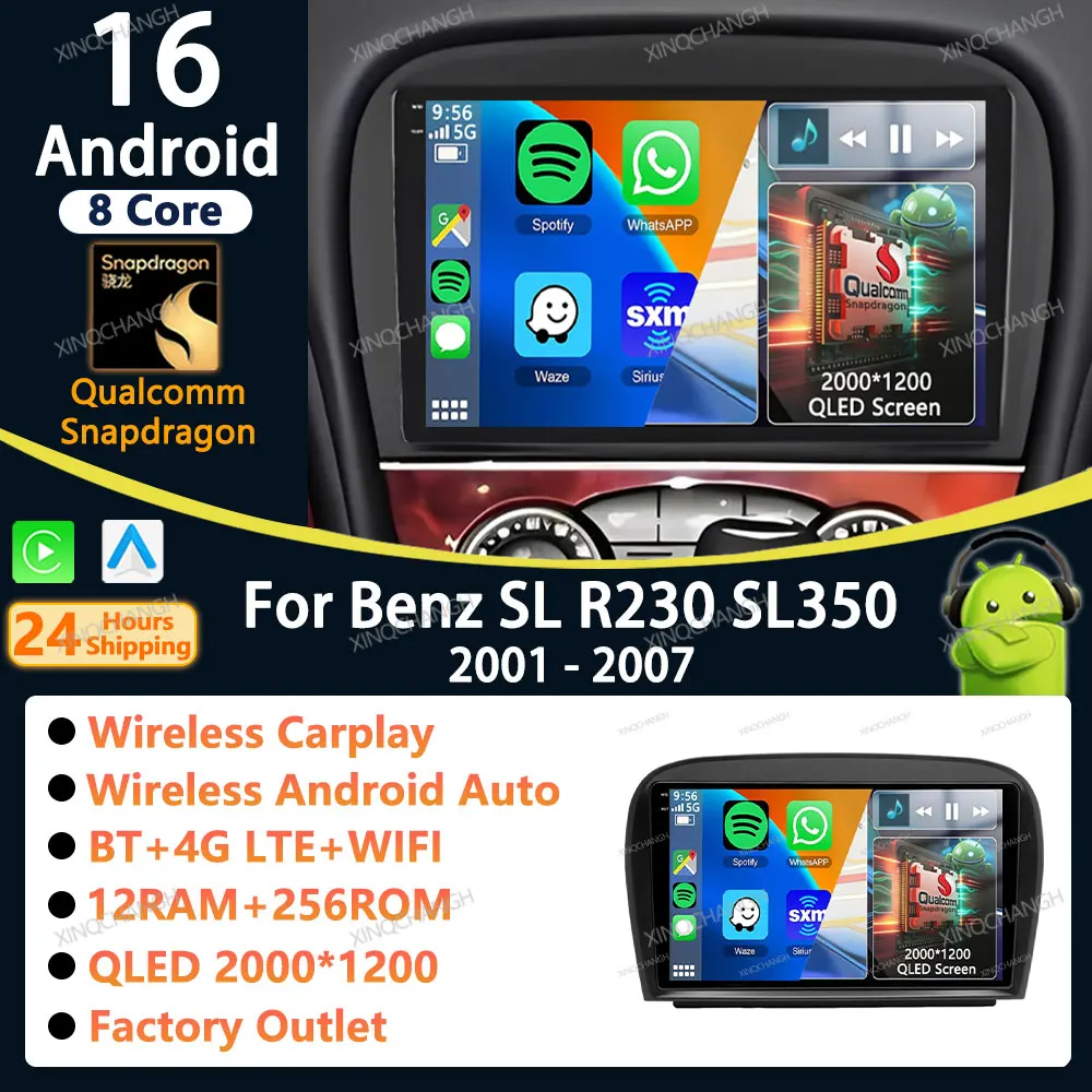 Android 16 Car Radio Carplay Auto For Mercedes Benz SL R230 SL350 SL500 SL55 SL600 SL65 2001 - 2007 Navigation QLED Qualcomm BT