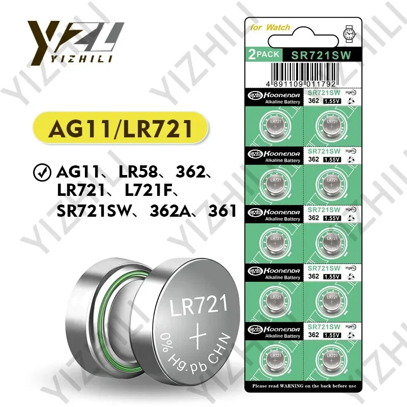 10pcs -100PCS AG11 Battery LR721 1.55V Button Batteries 362 L721F SR721SW 162 Lr58 Alkaline Coin Cell for Watch Toys Led Light