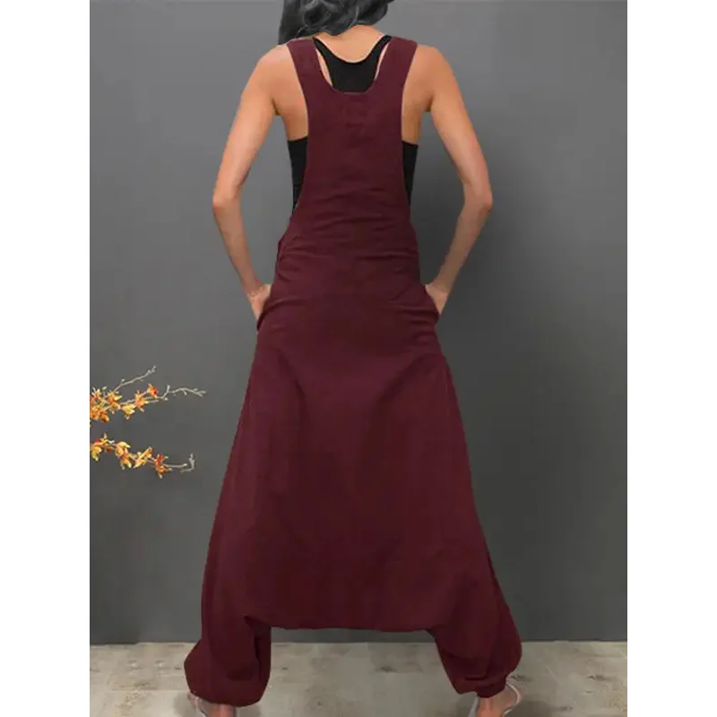 بذلة نسائية طويلة فضفاضة مكشوفة الظهر ، بلا أكمام ، جيوب جانبية ، رومبير فضفاض ، بنطلون حريم ، نحيف ، مقاس كبير ،