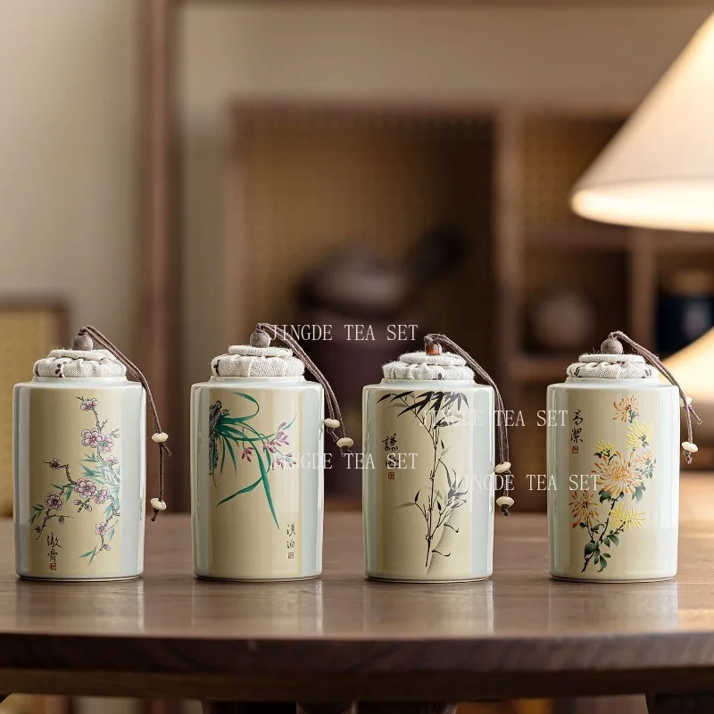 240ml Ceramic Tea Canister With Bamboo Ink Painting Linen Lid Sealed Tea Storage Jar For Loose Tea Coffee Spice Container