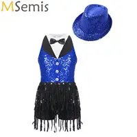Mono de Jazz con borlas y lentejuelas para niñas, vestido de baile de leotardo de Ballet latino de Hip Hop con conjunto de sombrero, disfraz de actuación de competición