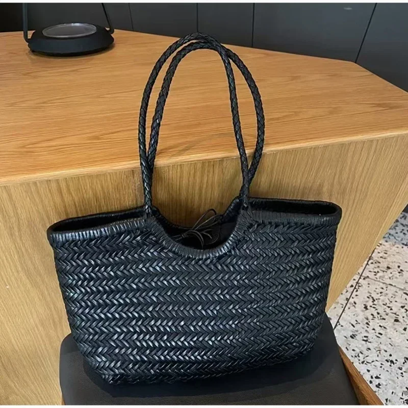 Rattan-Geflecht-Shopper-Korb-Tragetasche für Damen, französische Vintage-Handgewebte Schultertasche, große Strand- und Urlaubshandtasche – Detail 13