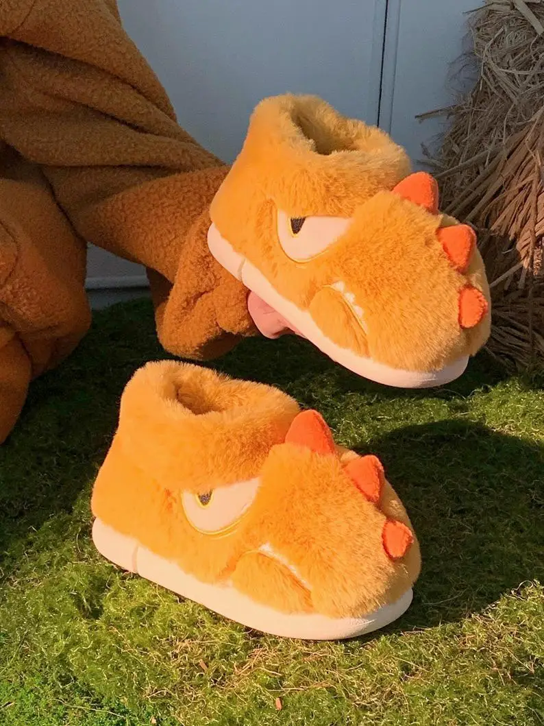 Cute Dinosaur Children's Cotton Shoes Thick Sole Home Slippers Indoor Household Winter Baby's Boys' Girls' Warm Fur Slippers