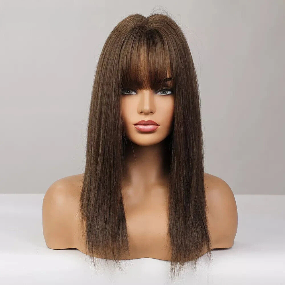 Natural Brown Bob with Bangs Long Straight Cosplay Daily  Wigs