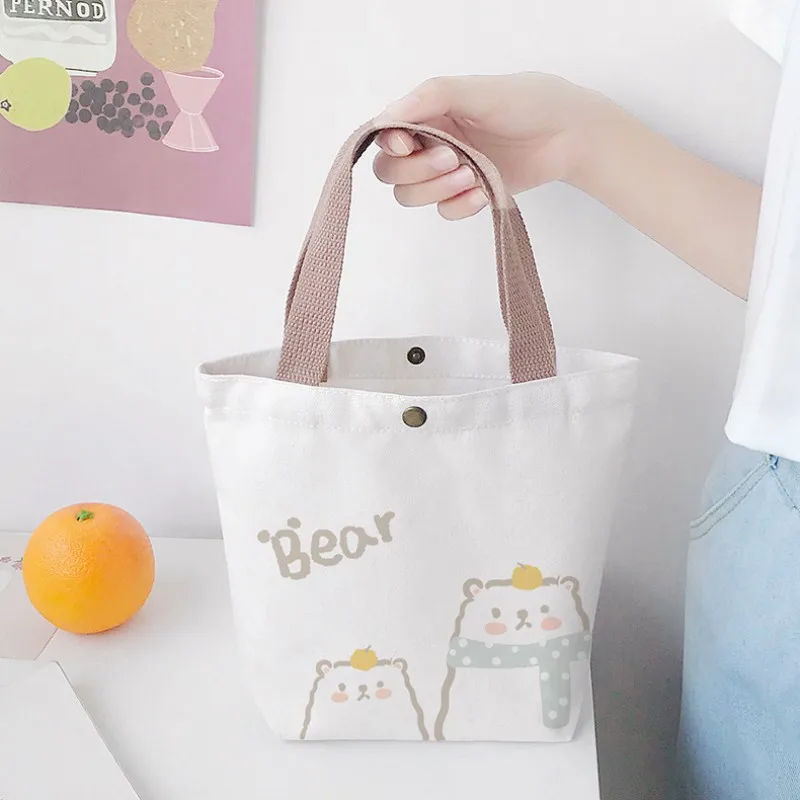 Women Mini Cotton Canvas Handbag Cute Bear Simple Tote Bags Bento Lunch Bag Casual Shopping Bag Small Shoulder Messenger Bag