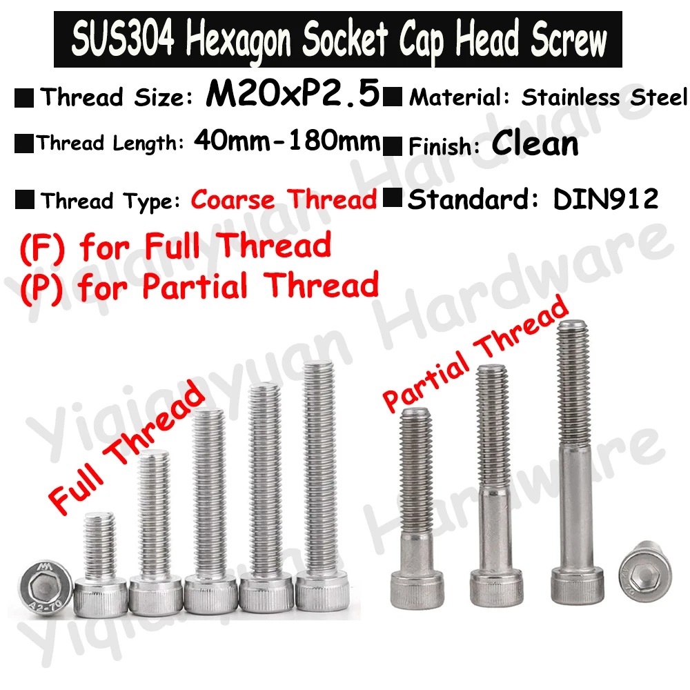 

1Piece~2Pcs M20xP2.5 DIN912 SUS304 Stainless Steel Hexagon Socket Knurled Cap Head Screws Allen Key Bolts Full/Partial Threaded