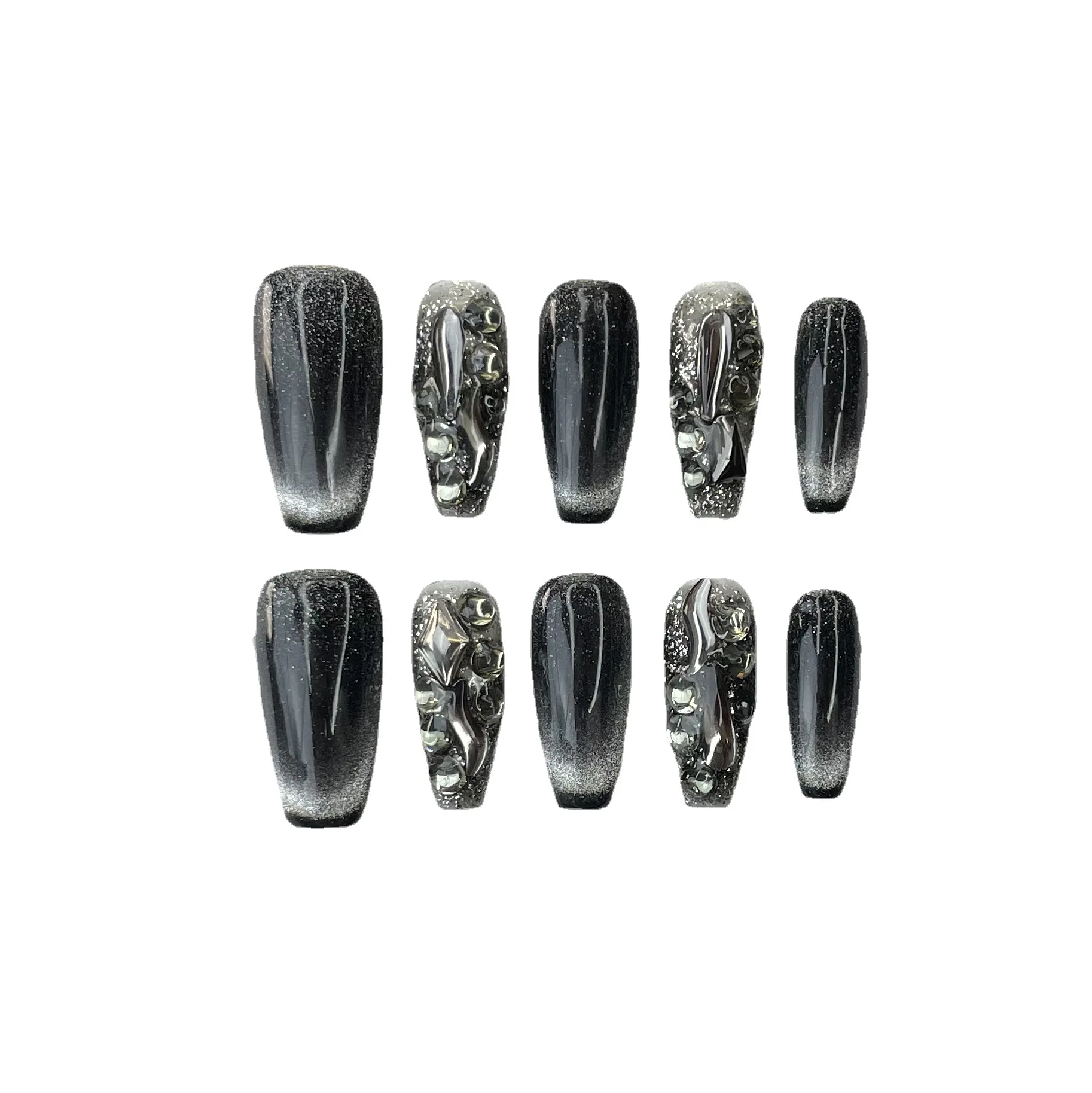 10Pcs Black Fake Handmade Nails with Rhinestone Y2K Cat\'s Eye French Full Cover Nail Art Tips Short Ballet Press on False Nails