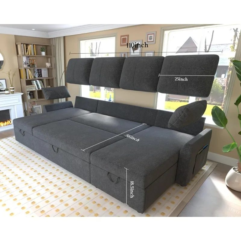Oversized Sleeper Sofa 110 Inch 2 in 1 Pull Out Bed Sectional Couch with Storage Chaise Grey Linen