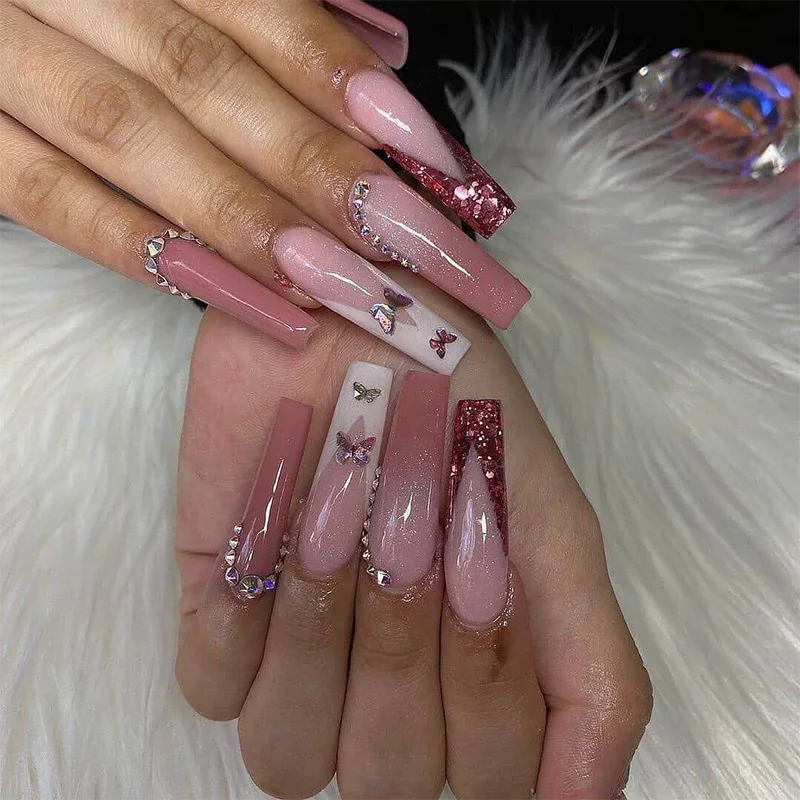 

24Pcs Long ballet False Nail French rhinestone butterfly glitter powder Wearable Manicure Press ON Nails Solid