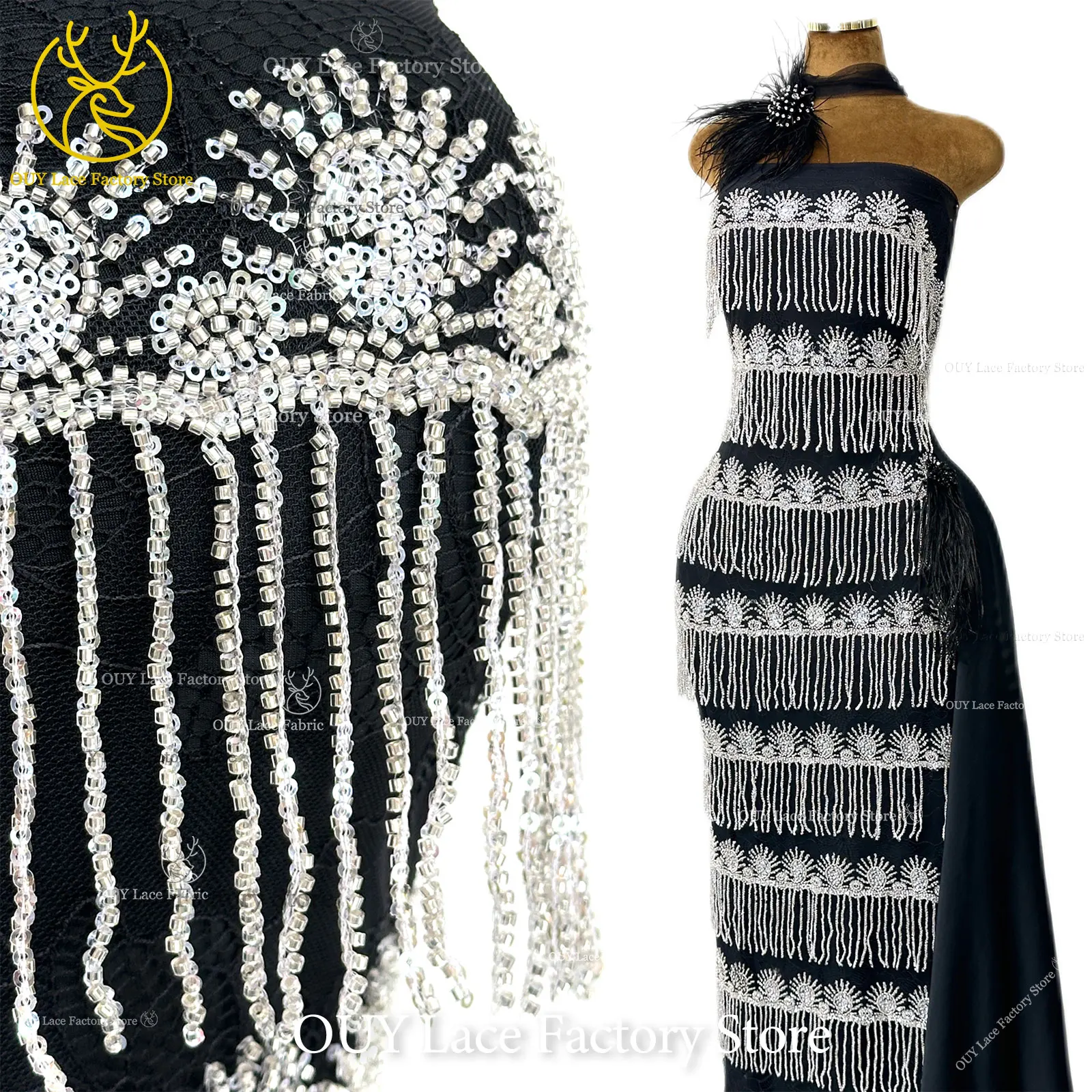 

New Design Exquisite 3D Hanging Silver Beaded Sequins Lace Fashion Nigerian African Lace Fabric For Sewing Wedding Party Dress