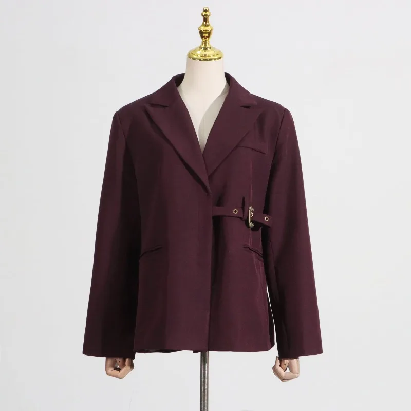 Dark Purple Notched Collar Suit Coat Single Button Offce Lady Blazer Jacket Loose Solid Elegant 2026 New Short Outerwear Stylish