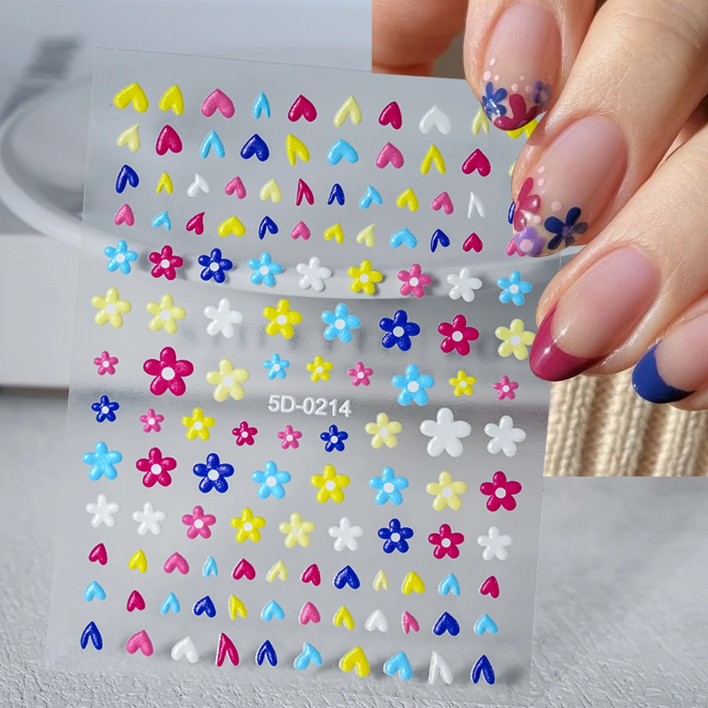 

1PC 5D Cute Flower Nail Stickers White/Pink/Blue Love Heart Petals Embossed Reliefs Nail Stickers Self-Adhesive Nail Art Slider