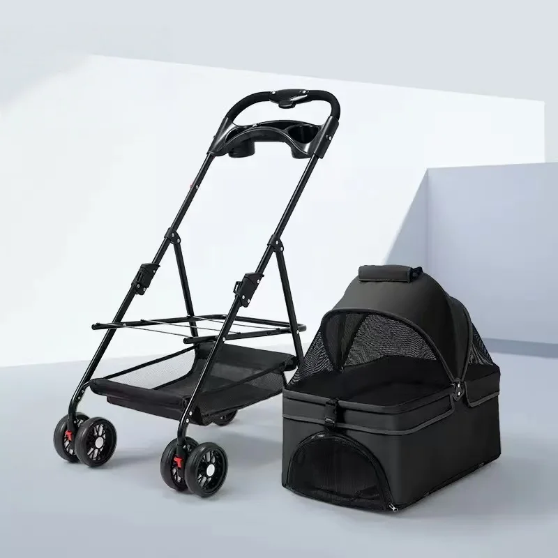 Faltbarer Haustierkinderwagen, 4 Räder mit 360° ° Mit Bremse, mit Aufbewahrungskorb und Getränkehalter, leichter Reise-Kinderwagen für kleine und mittelgroße Hunde und Katzen, in den Farben Grau/Schwarz/Blau/Rosa/Grün. – Detail 2