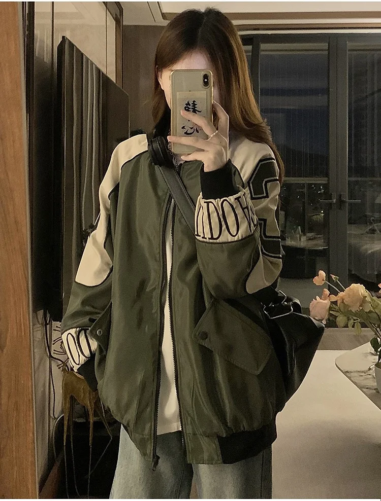 

Baseball Jackets Letter M Womens Anti-Wind Waterproof Youthful Pleats Buttoned Silhouette Soft Stretchy Ribbed Regular Kpop Chic