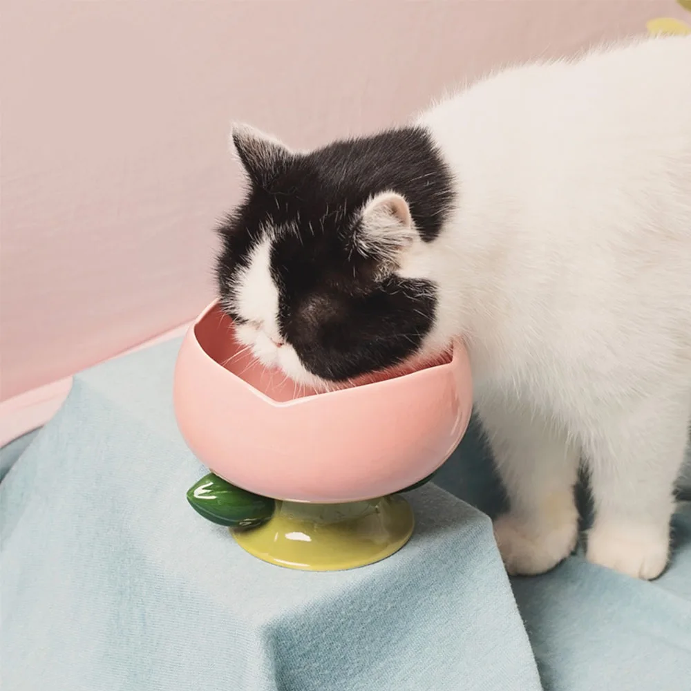 Imagem -04 - Tigela Levantada Antiderrapante para Animais de Estimação Alimentador Cerâmico Bonito Forma de Flor pé Alto Alimentador de Cachorro Água de Alimentação Prato de Gato Elevado Suprimentos para Animais Novo