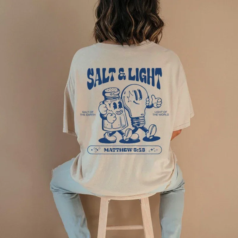 Salt Light Funny Bible Verse T-Shirts Back Print Retro Streetwear Graphic Tees Women Christian T Shirt Jesus Faith Top Gifts