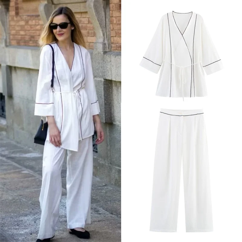 

Women's suit 2025 new pipingasymmetricallong sleeve double ban top piping wide-leg pants spring and summer casual