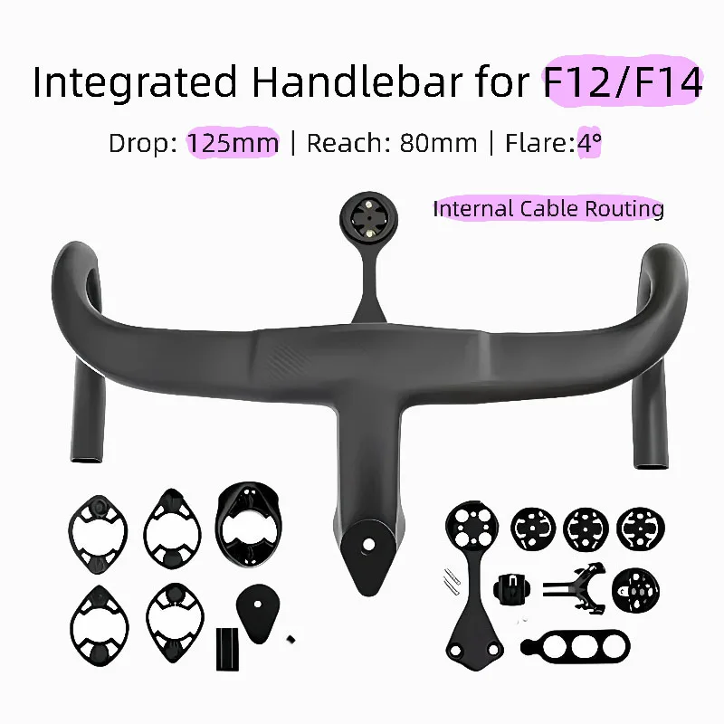 Manillar integrado de carbono T800 para enrutamiento de cables interno F12 F14, vástago de bicicleta de carretera Aero 4 °   Flare 125 mm Gota 80 mm Gota