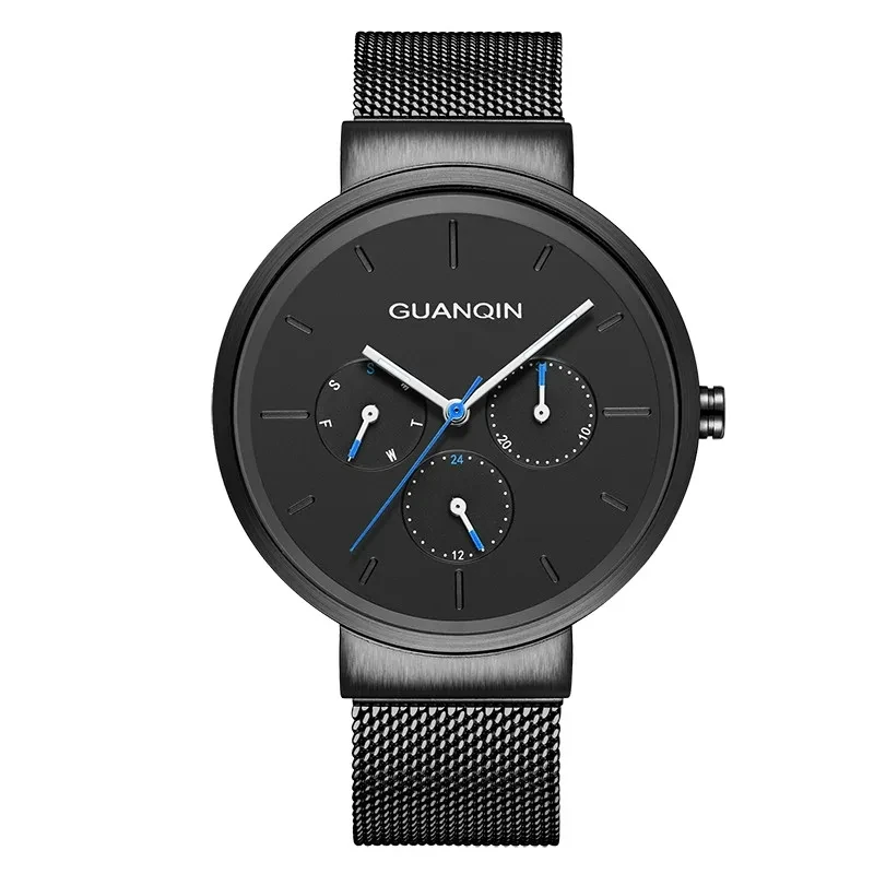 GUANQIN 2024 New Men Quartz Watch Men's Stainless Steel Mesh Belt Watch Simple Men's Watch Fashion Men's Multifunctional Clock